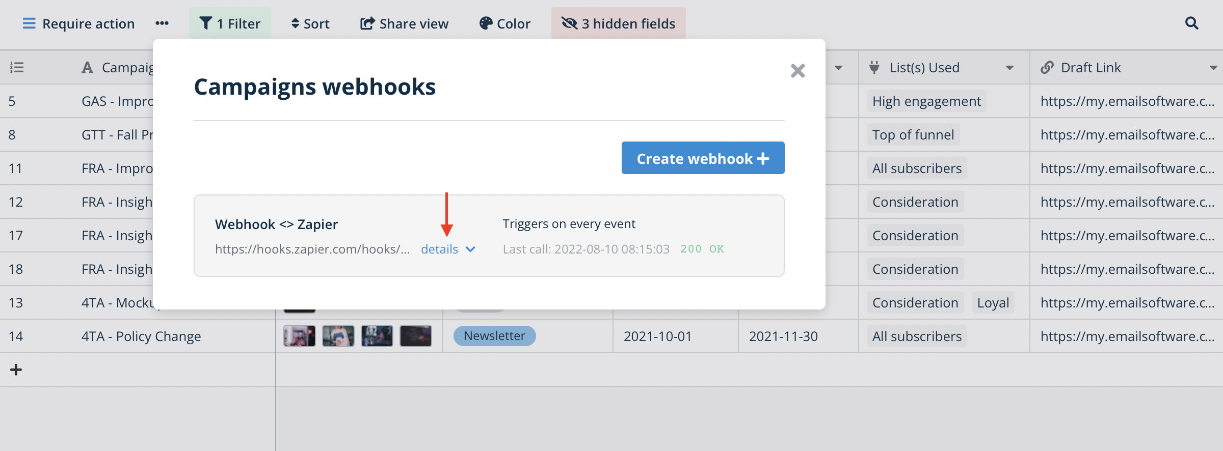 Edit webhook in Baserow